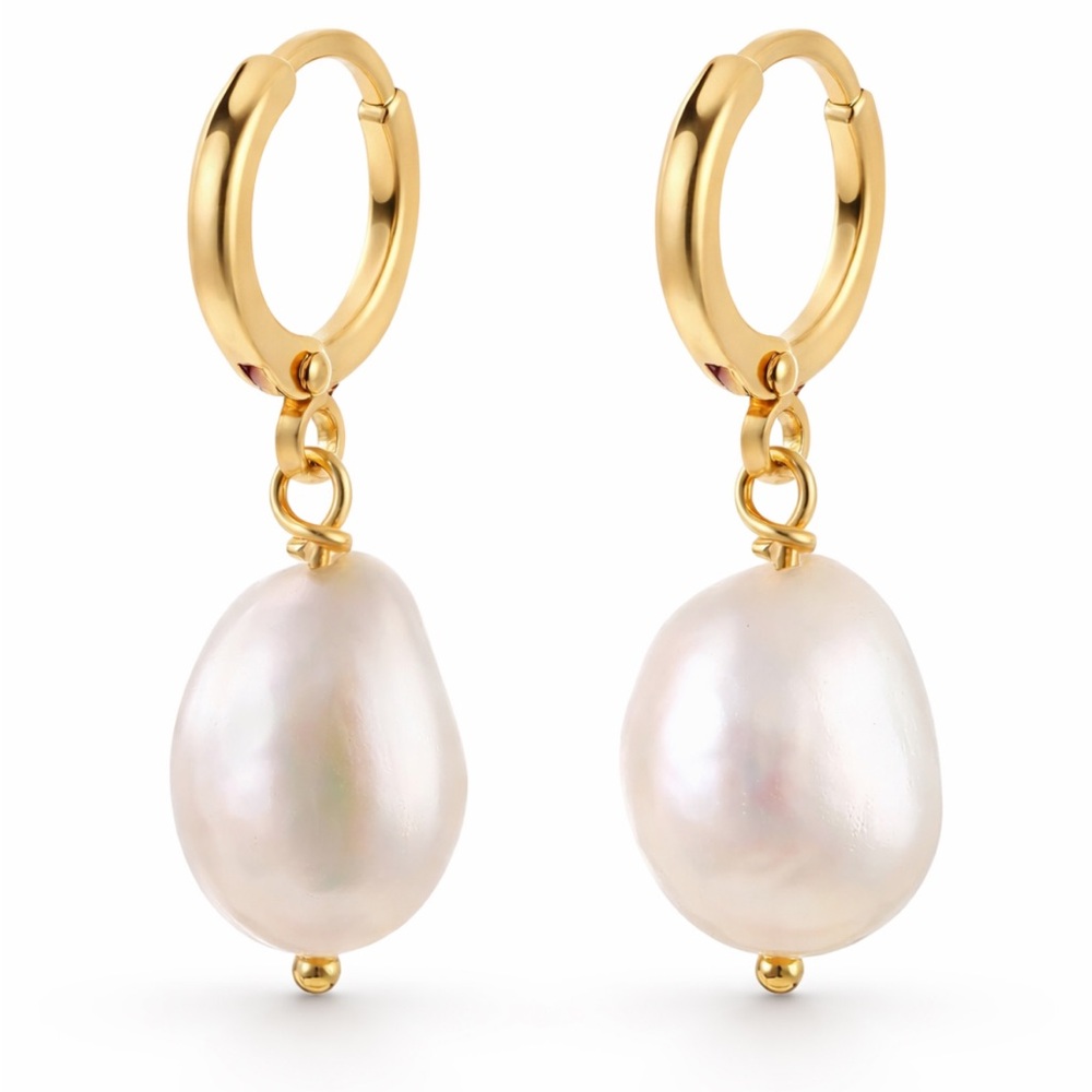 14K Gold Freshwater Baroque Pearl Hoop Drop Earrings Dangle 10MM Women Luster